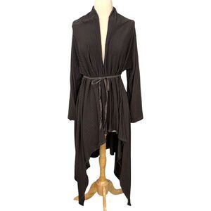 Bryn Walker Size L Long Open Cardigan Belted Black Gray Stripe Lagenlook Stretch